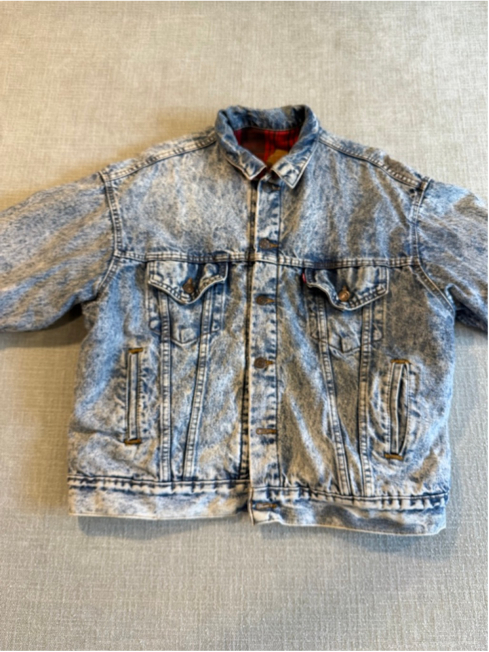Vintage Levi’s 80s acid wash plaid lined button up jean jacket size Large - Picture 2 of 14